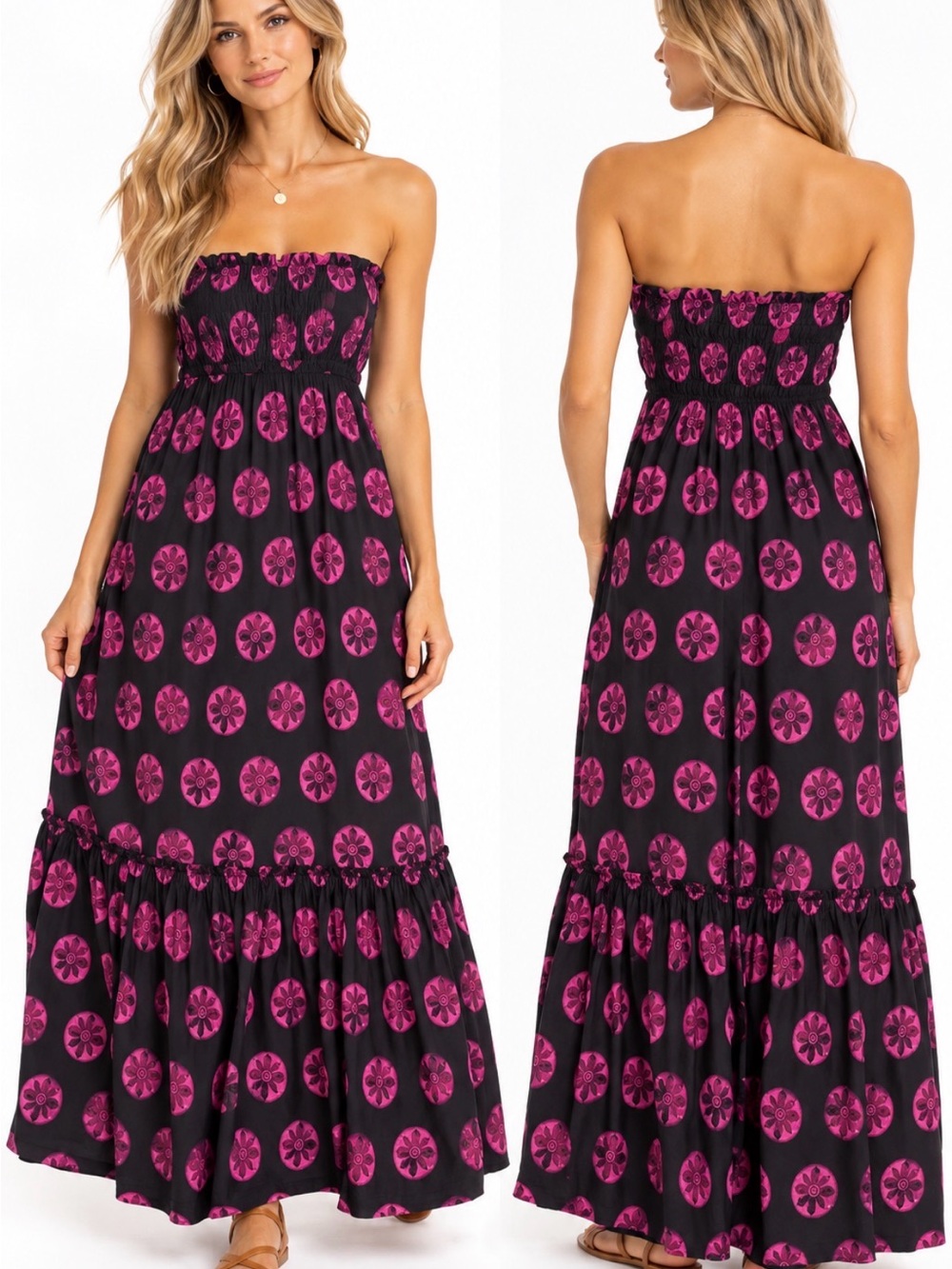 Free People Black Pink Floral Strapless Maxi Dress Boho Tiered Ruffle xs
